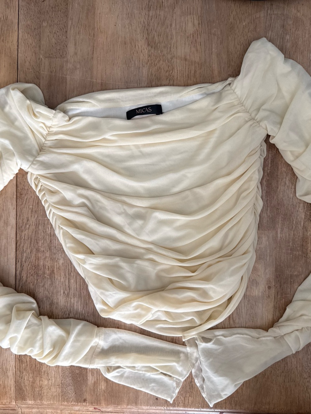 Micas Cream Ruched Off-Shoulder Crop Top